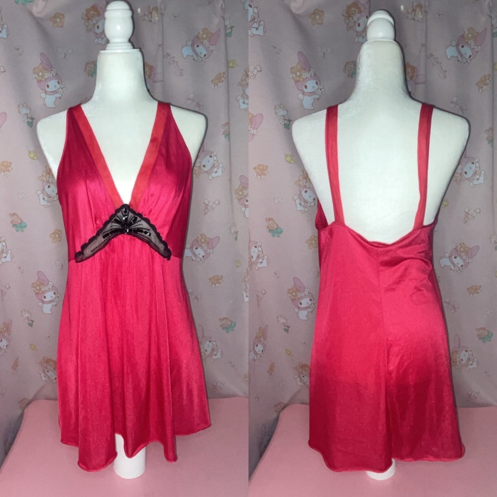 Peau de Rose Red Babydoll Slip with Black Lace and Sequins